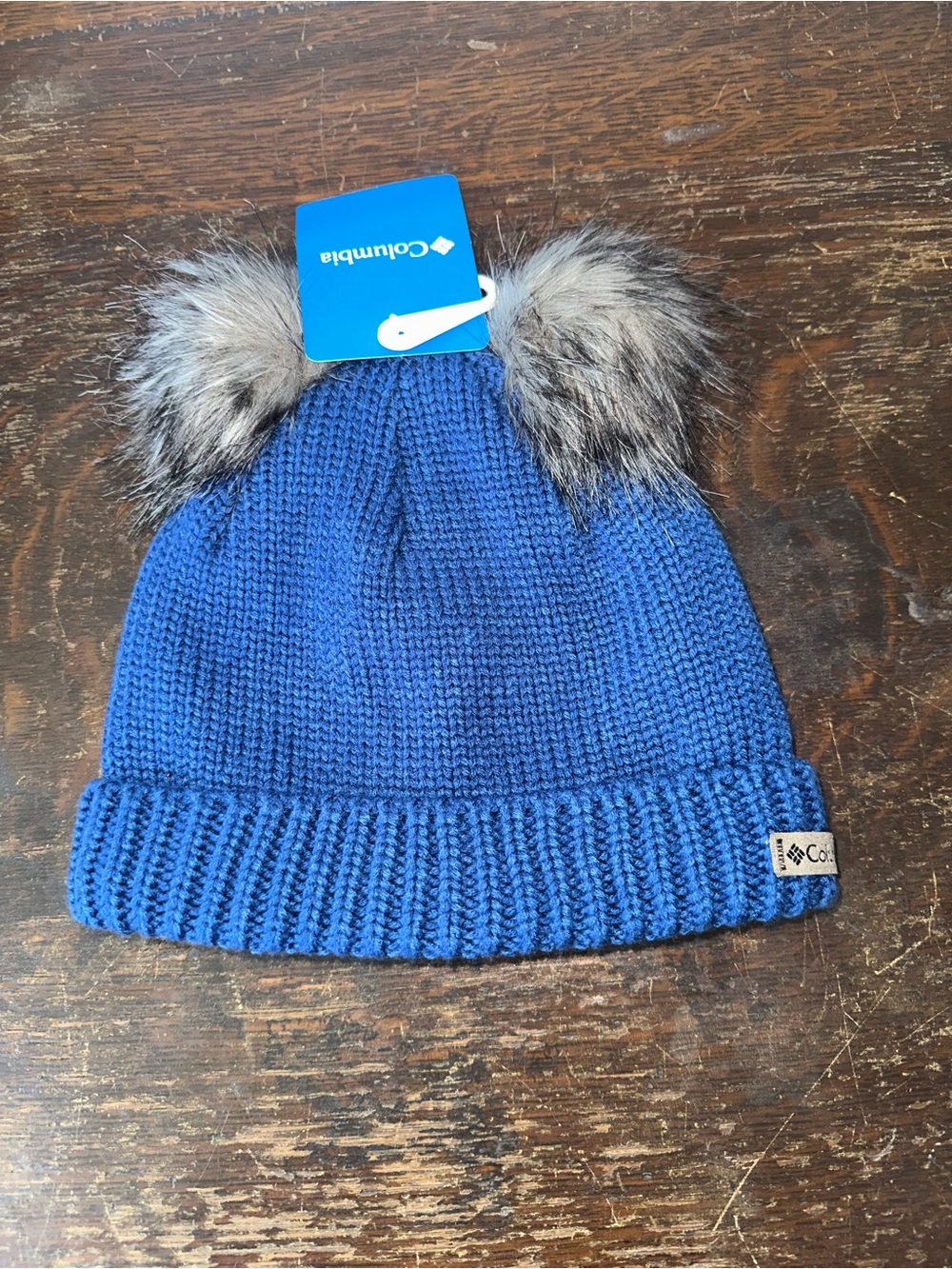 Columbia Kids Royal Blue Knit Beanie with Faux Fur Double Pom Poms